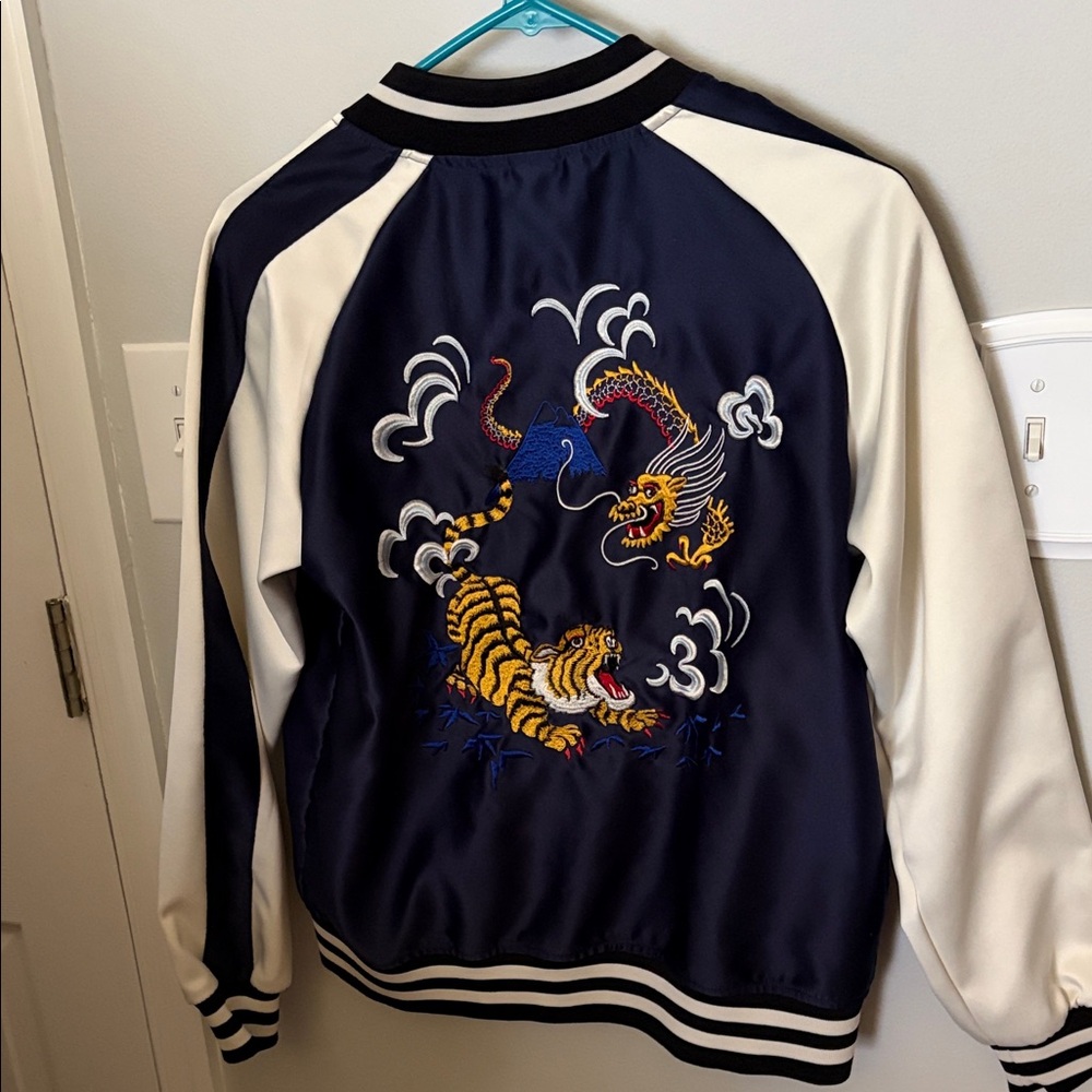 Navy & Cream Dragon Satin Bomber Jacket - Picture 7 of 7